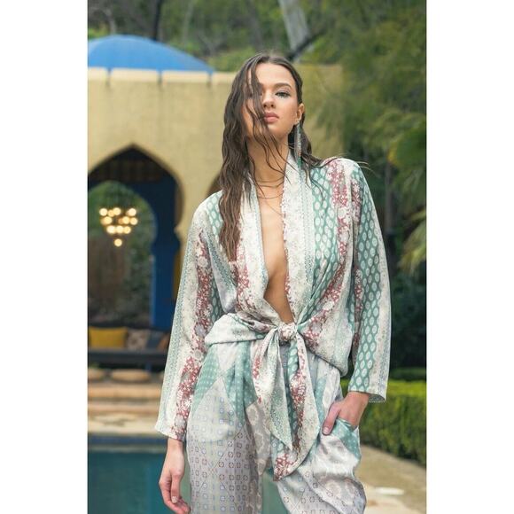 Saint Tropez Satin Jumpsuit Womens Size large Cutout Tie Sexy Boho L - Picture 1 of 10